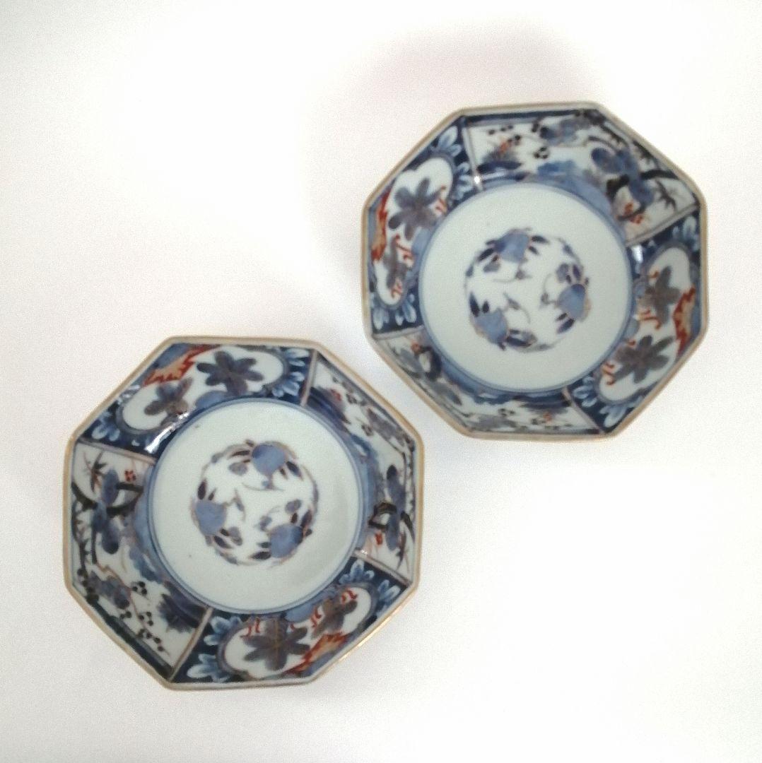 古伊万里　角福　色絵　若松　松竹梅に桃図　八角　なます皿　２客
