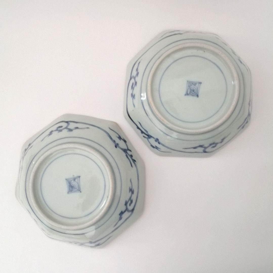 古伊万里　角福　色絵　若松　松竹梅に桃図　八角　なます皿　２客