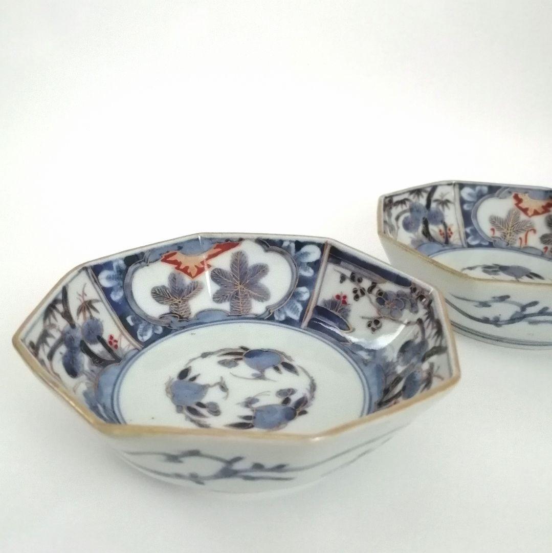 古伊万里　角福　色絵　若松　松竹梅に桃図　八角　なます皿　２客