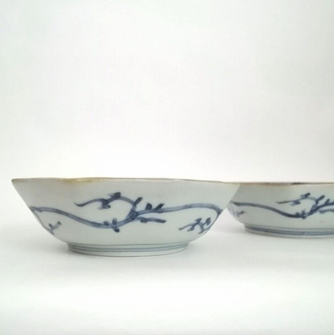 古伊万里　角福　色絵　若松　松竹梅に桃図　八角　なます皿　２客