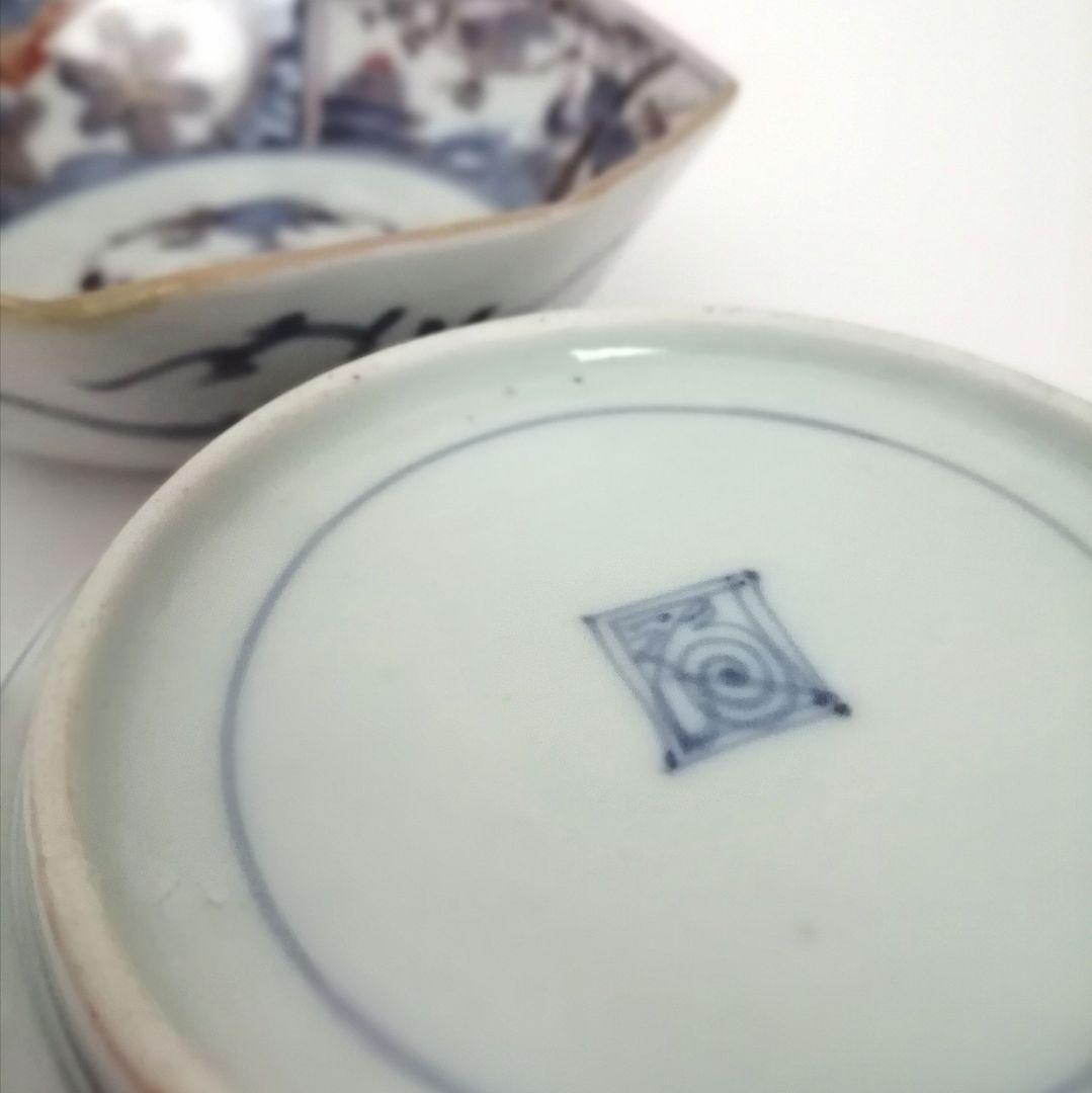 古伊万里　角福　色絵　若松　松竹梅に桃図　八角　なます皿　２客