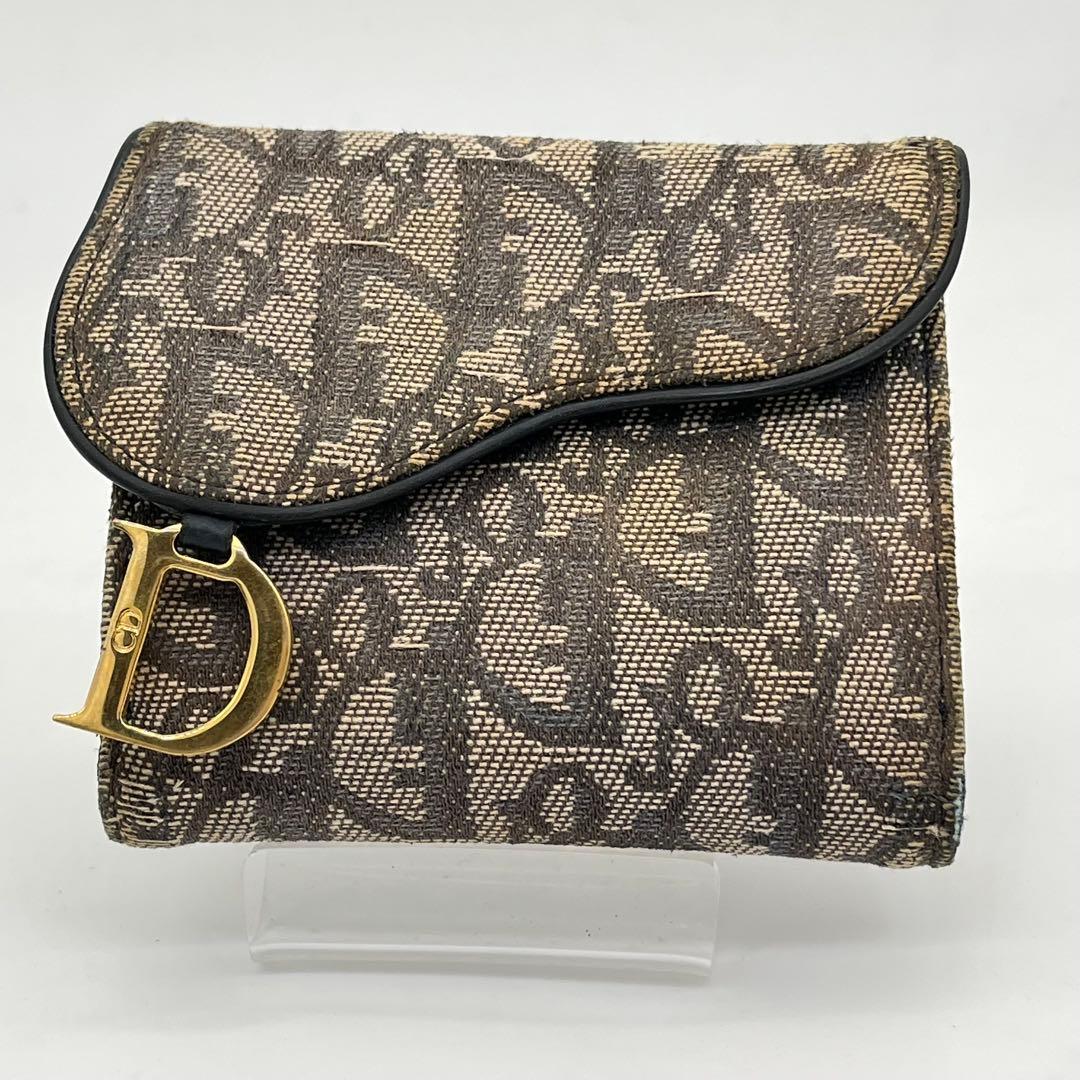 クリスチャンディオール 二つ折り財布 トロッター柄 サドル D金具 キャンバス