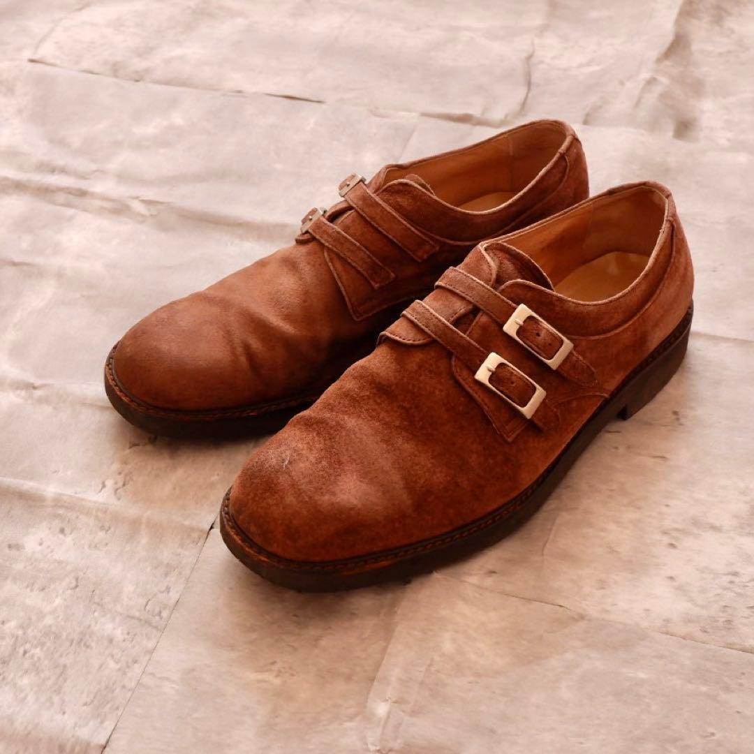 70s 80s ダブルモンク スエード 革靴 バックル フランス 26.5