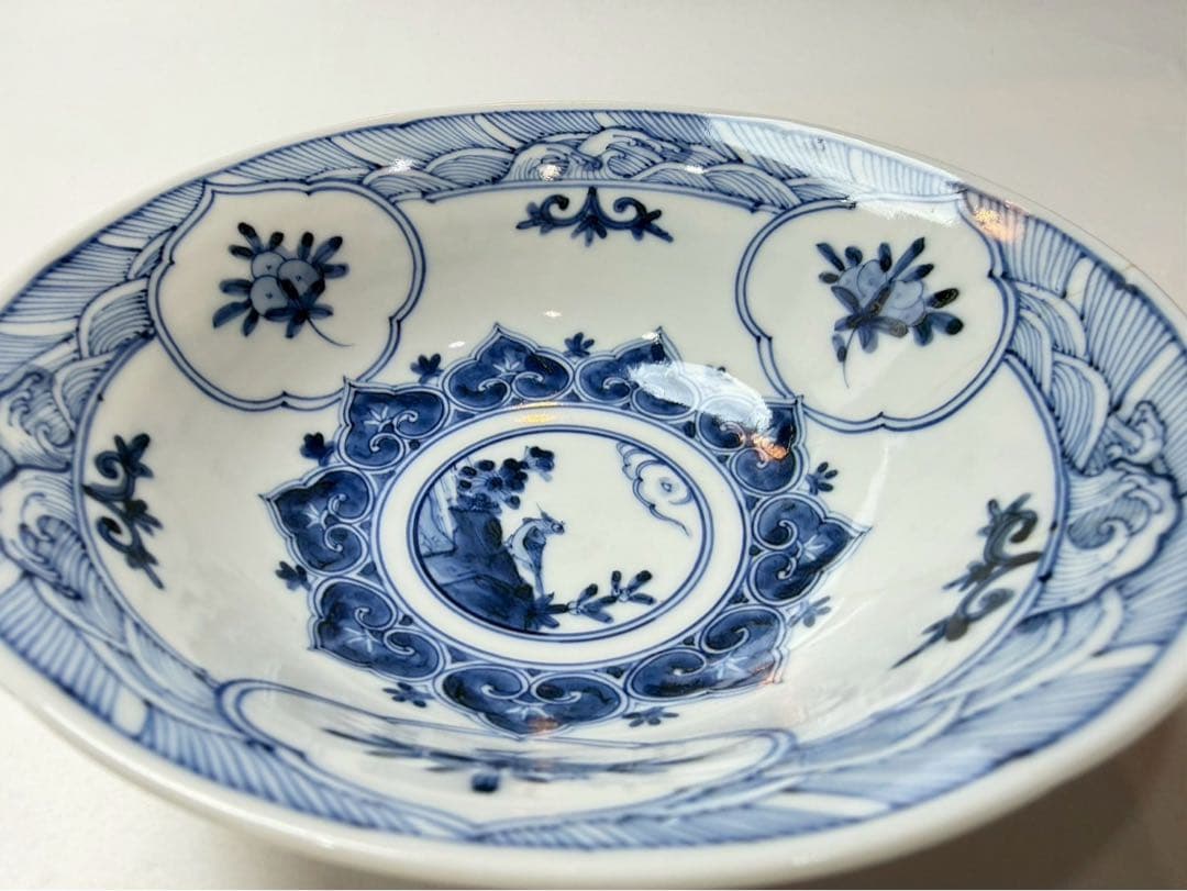 九谷　山本長左作　青華花鳥瑞果文　鉢