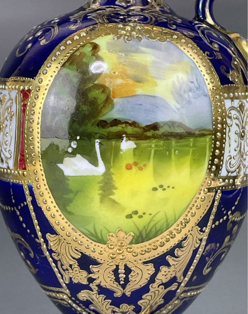 【希少】オールドニッポン ２５㎝ 瑠璃色風景紋スワン花瓶 ピッチャー 金盛り