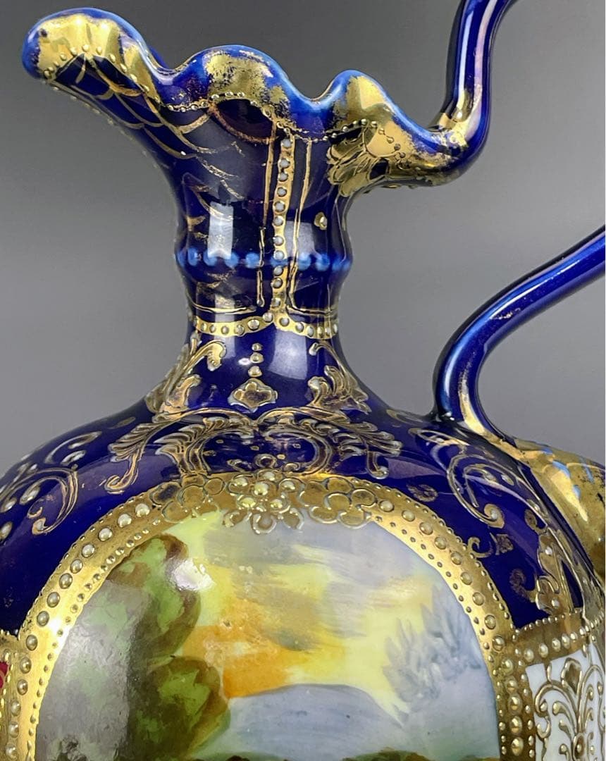 【希少】オールドニッポン ２５㎝ 瑠璃色風景紋スワン花瓶 ピッチャー 金盛り