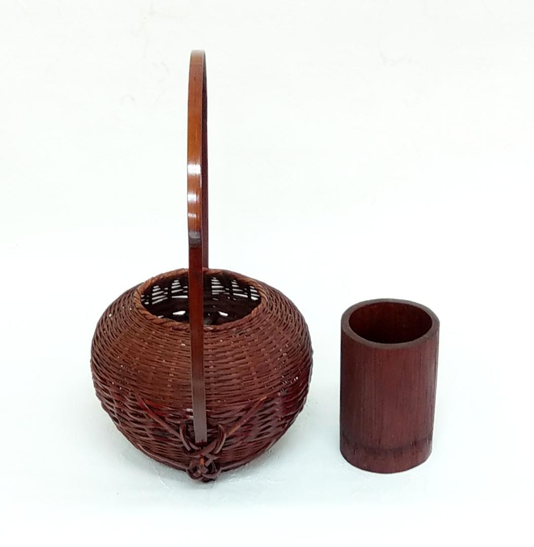 岡田節哉作 手付 籠花入 花器 茶道具 日展入選 日本工芸会推薦 昭和の竹工芸家