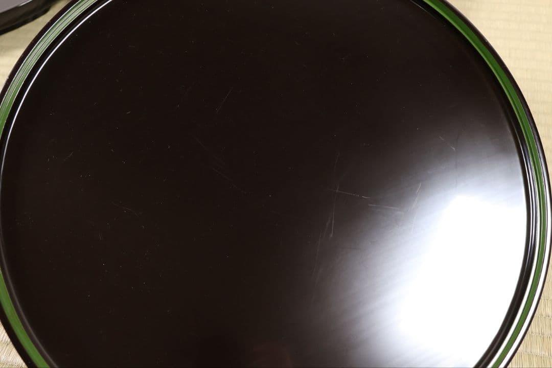 輪島塗 本堅地 黒塗 縁青漆 足付 丸膳 37.8cm 五客 木製【CM383