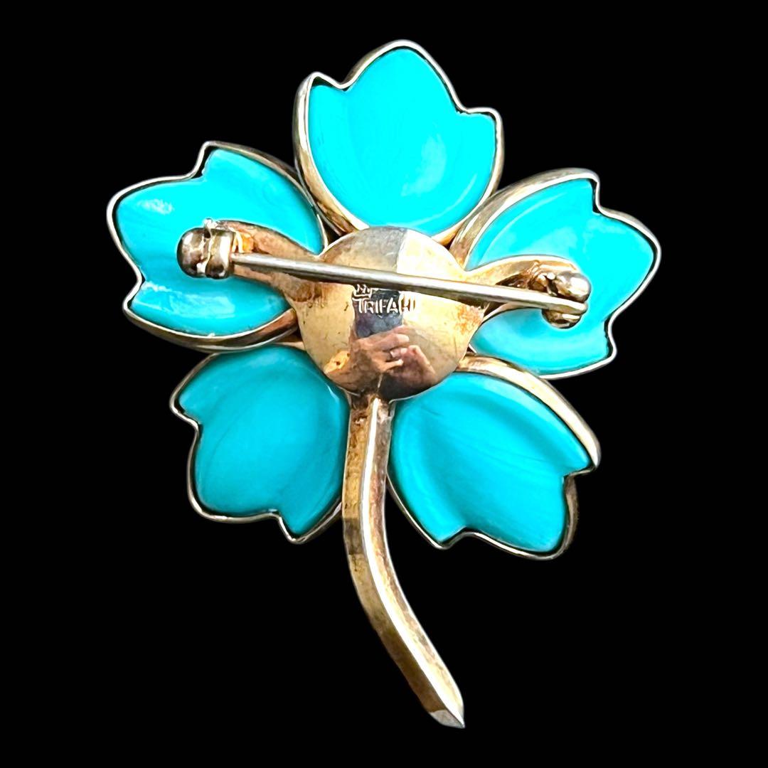 CROWN TRIFARI☆初期☆注ぎガラス☆ターコイズブルーフラワーブローチ