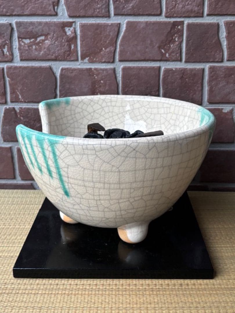 茶道具 野々田商店緑釉掛さつま織部紅鉢型風炉型電熱器炭型ヒーター香入敷板・紙箱付