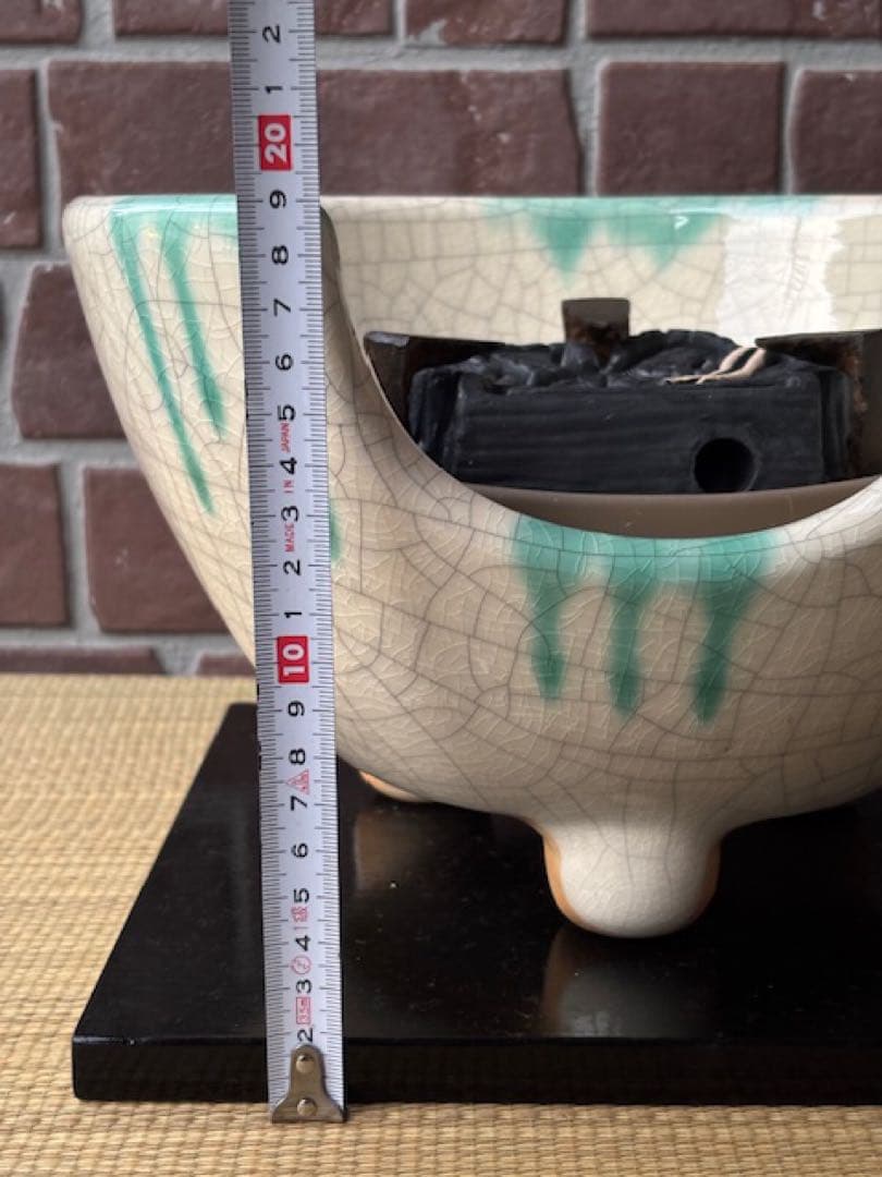 茶道具 野々田商店緑釉掛さつま織部紅鉢型風炉型電熱器炭型ヒーター香入敷板・紙箱付