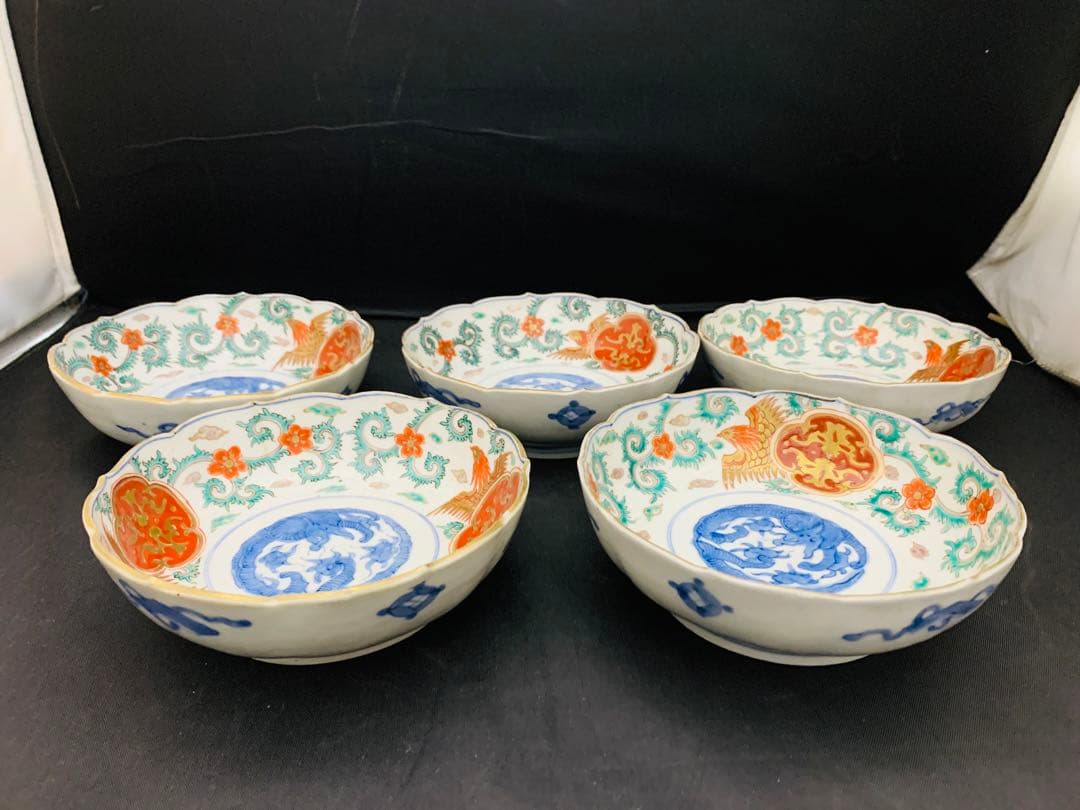 錦手金彩色絵　花唐草　龍　鳳凰　なます皿　5客　伊万里　時代皿