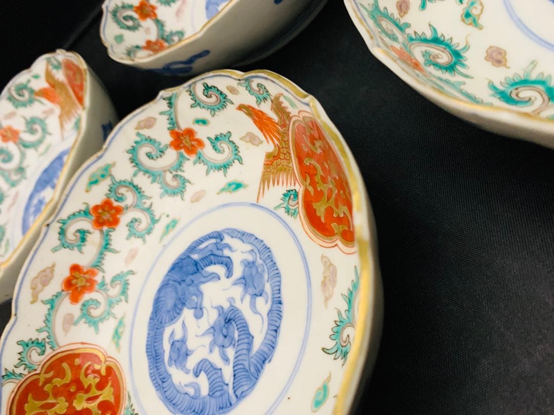 錦手金彩色絵　花唐草　龍　鳳凰　なます皿　5客　伊万里　時代皿