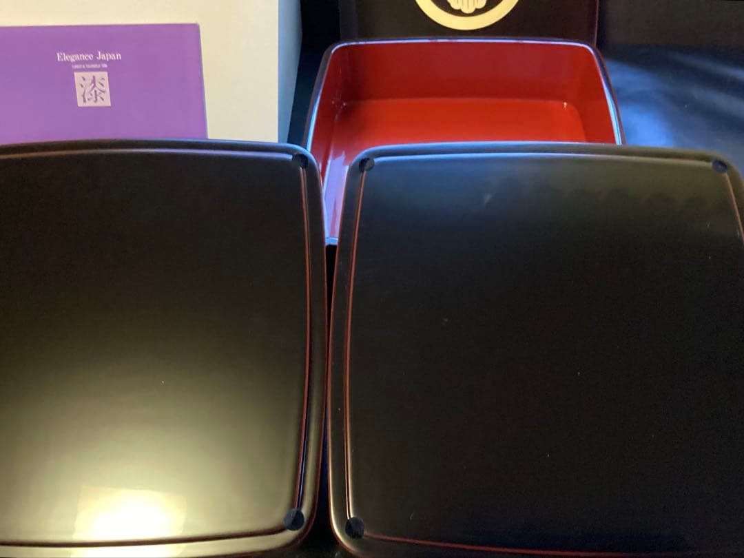 越前漆器　越前塗　三段重箱　天然木　溜内朱　6.5寸　家紋入　お正月　未使用美品