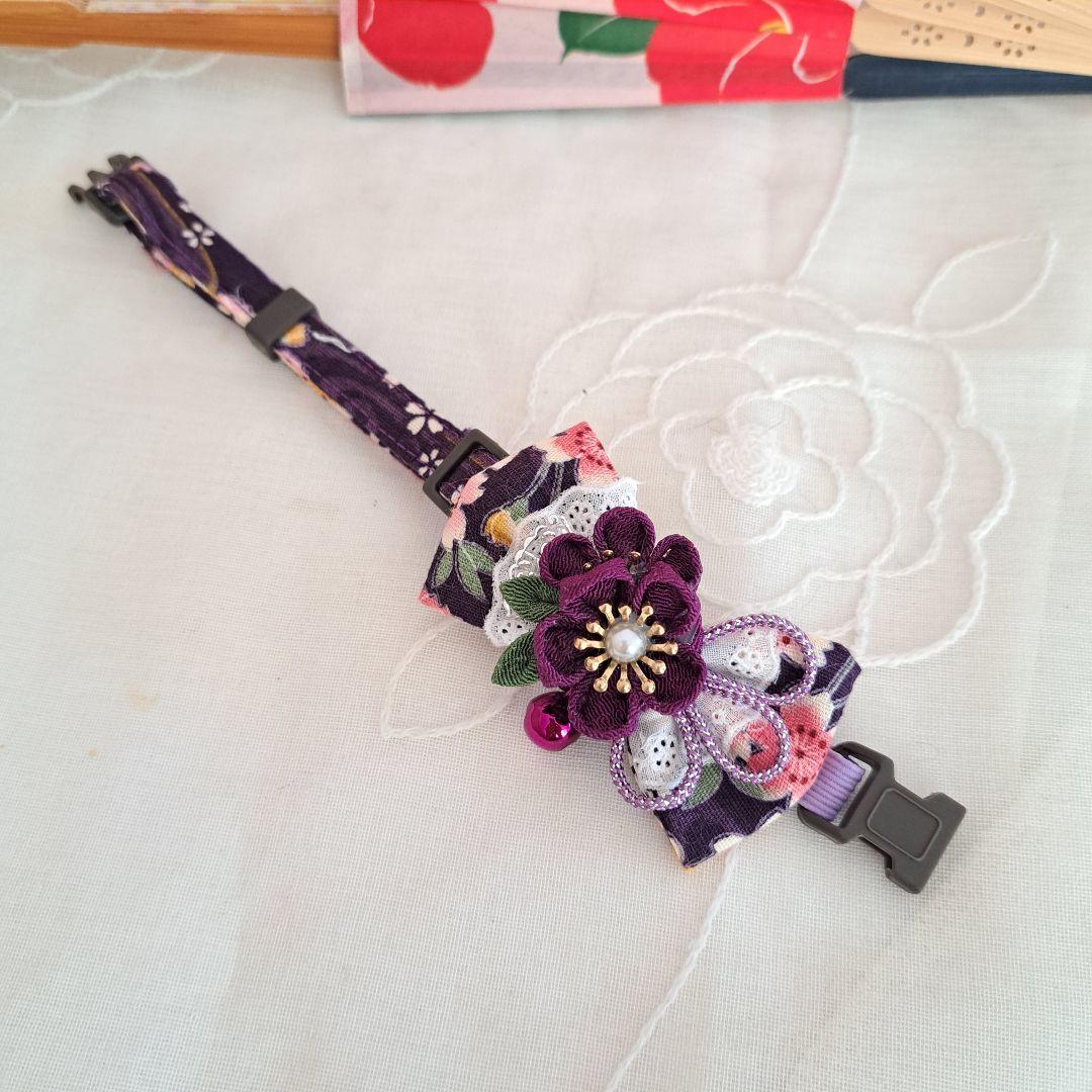 つまみ細工シングルリボン(濃紫)わんちゃん猫ちゃん用首輪