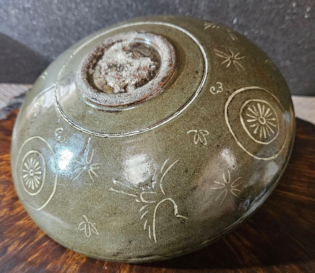 【古作品❗】李朝　高麗青磁写し　象嵌　太陽に鳥の図　鉢　菓子鉢　茶道具　茶器