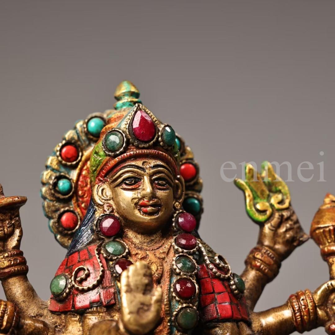 旧藏・ネパール仏教美術・六臂騎獅護法神像・宝石装飾・彩色描金・純銅製・仏像・風水