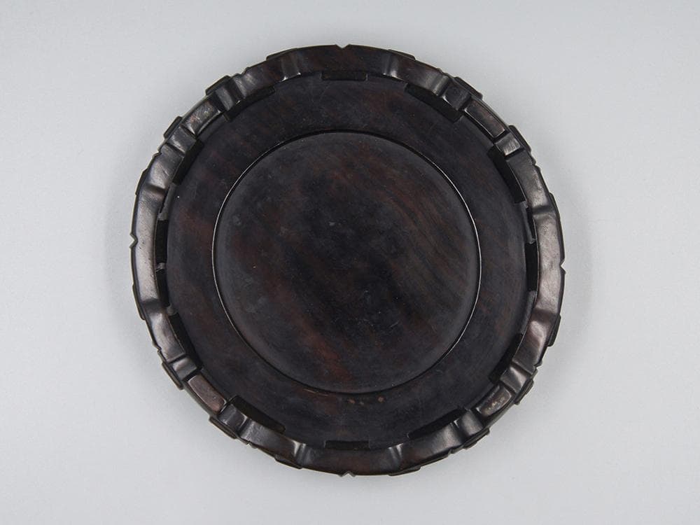 【木】　★ 竹木 唐木透彫拐子紋底座 ★　清時代　圓形 四足 細工彫刻　文房珍玩