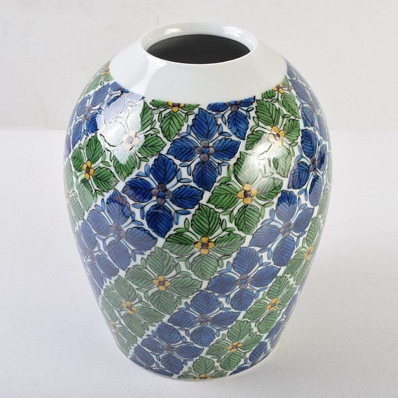 九谷焼　宮川哲爾造　色絵草花更紗文　壺　共箱　M　R9209B