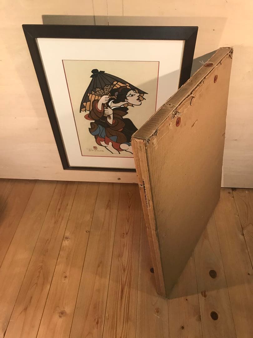 森義利　「傘さす女」　木版画・合羽摺　直筆サイン・落款・エディション有り