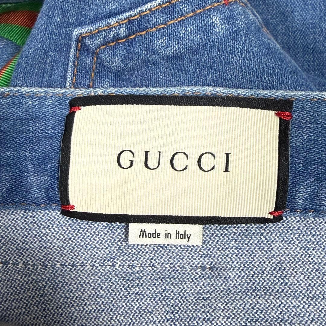 【極美品】グッチ デニムスカート シェリーライン ウェブストライプ レザーパッチ
