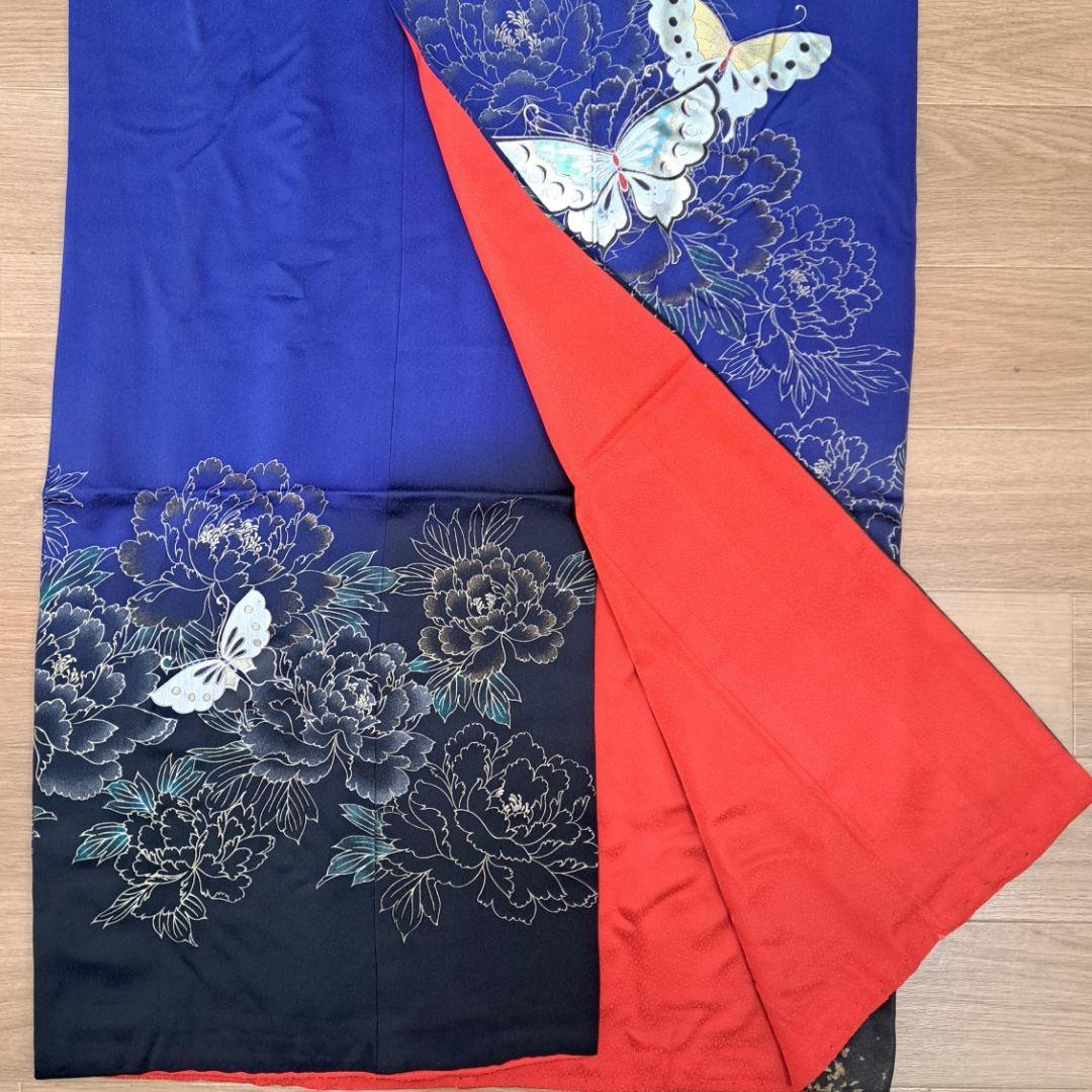 今大変お得な 正絹振袖セット 濃ブルー地金彩蝶柄 成人式 卒業式にも最適