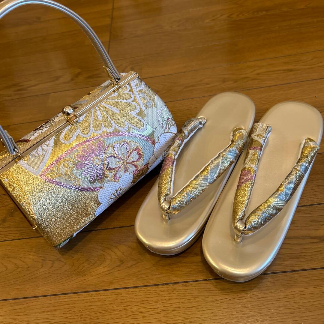 値下げ和装用バッグと草履セット　金色かわいい　成人式　結婚式　草履LL 一蔵