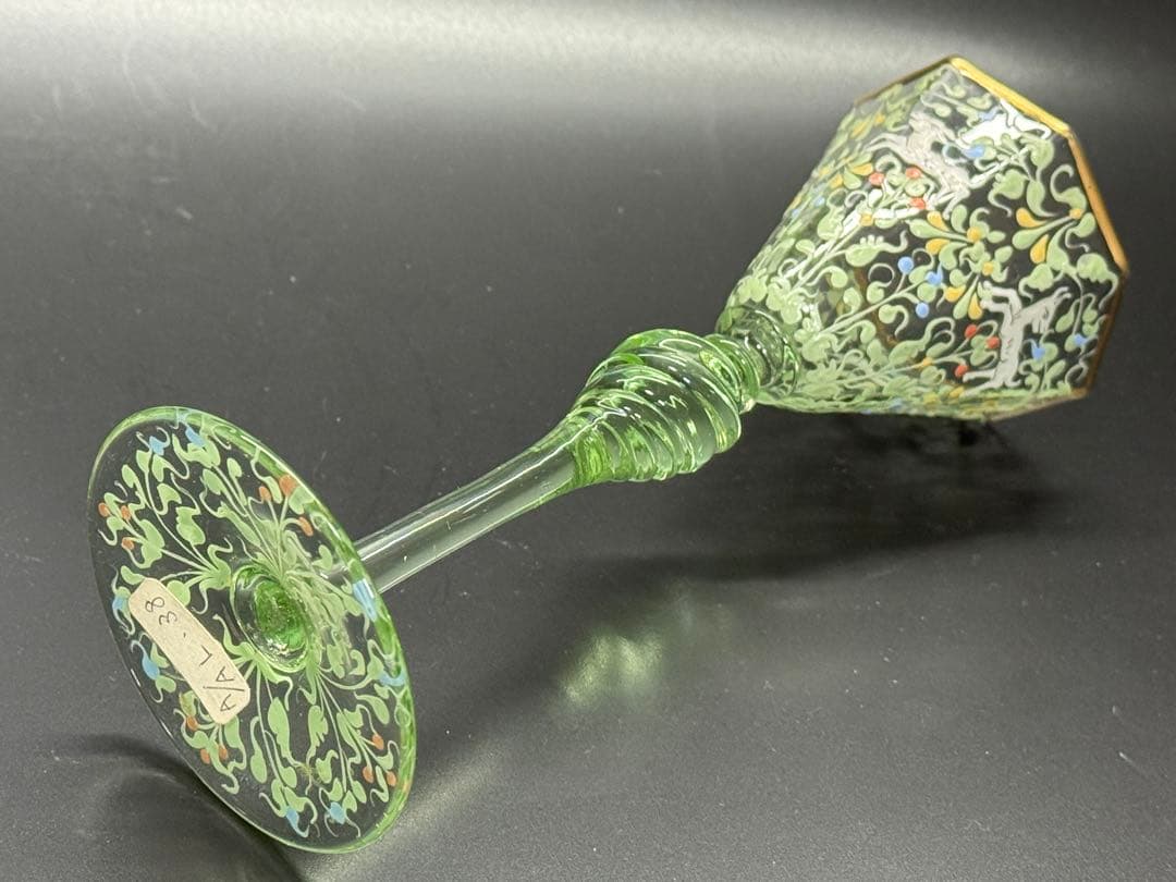 19世紀 アンティーク ベネチアガラス 金 エナメル彩 然文 緑色 八角 グラス