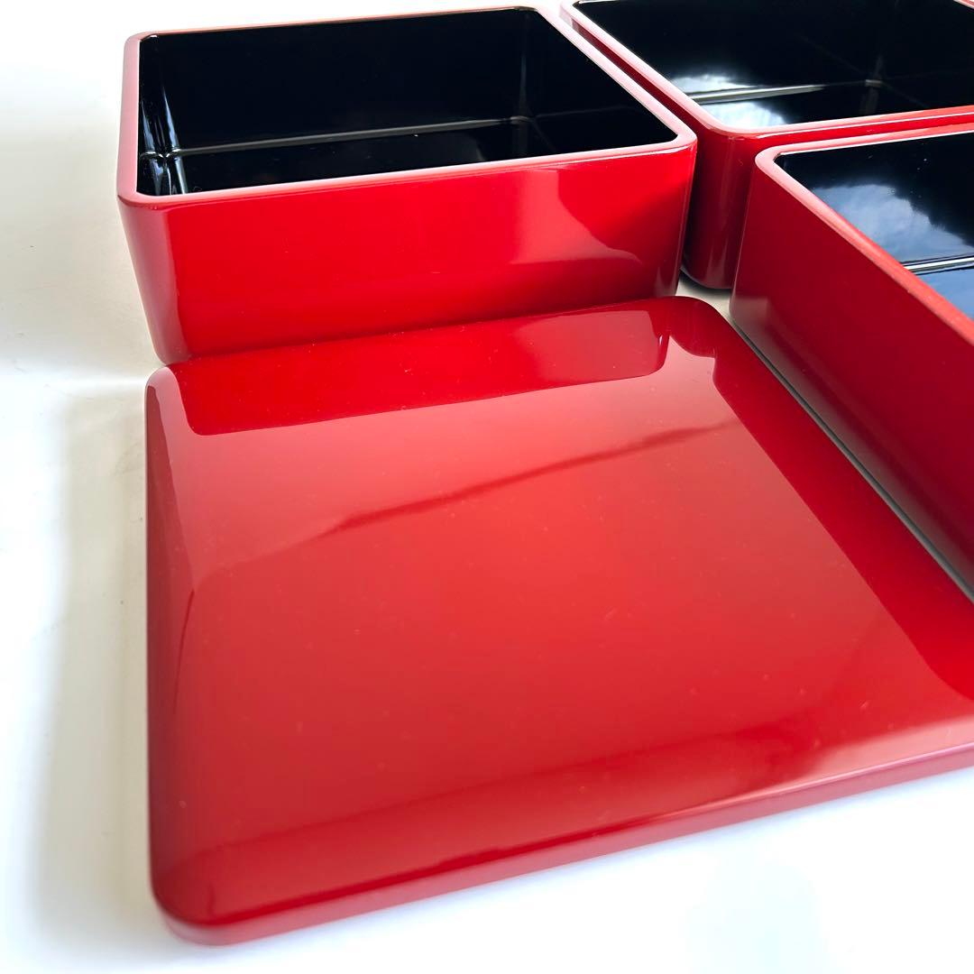 【美品】漆器 木製 漆塗り 重箱 三段重箱 三段重 お重 赤 日本製 モダン