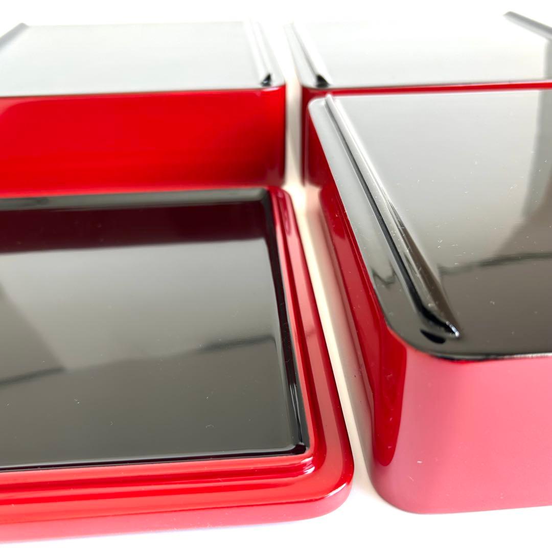 【美品】漆器 木製 漆塗り 重箱 三段重箱 三段重 お重 赤 日本製 モダン