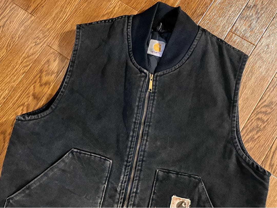 90s Carhartt オニキスブラック ダックベスト USA製 腰ゴム L