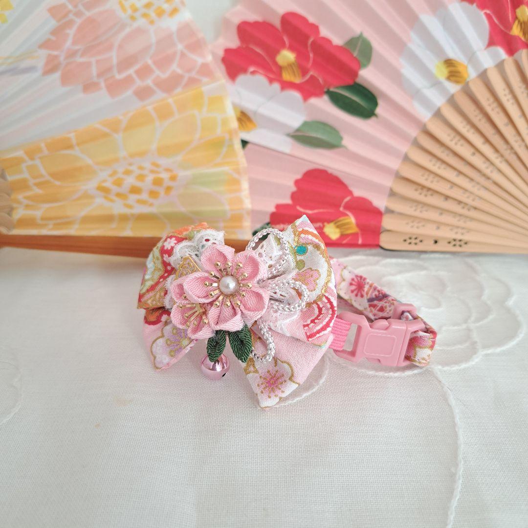 お正月、つまみ細工リボン(ピンク②)わんちゃん猫ちゃん用首輪