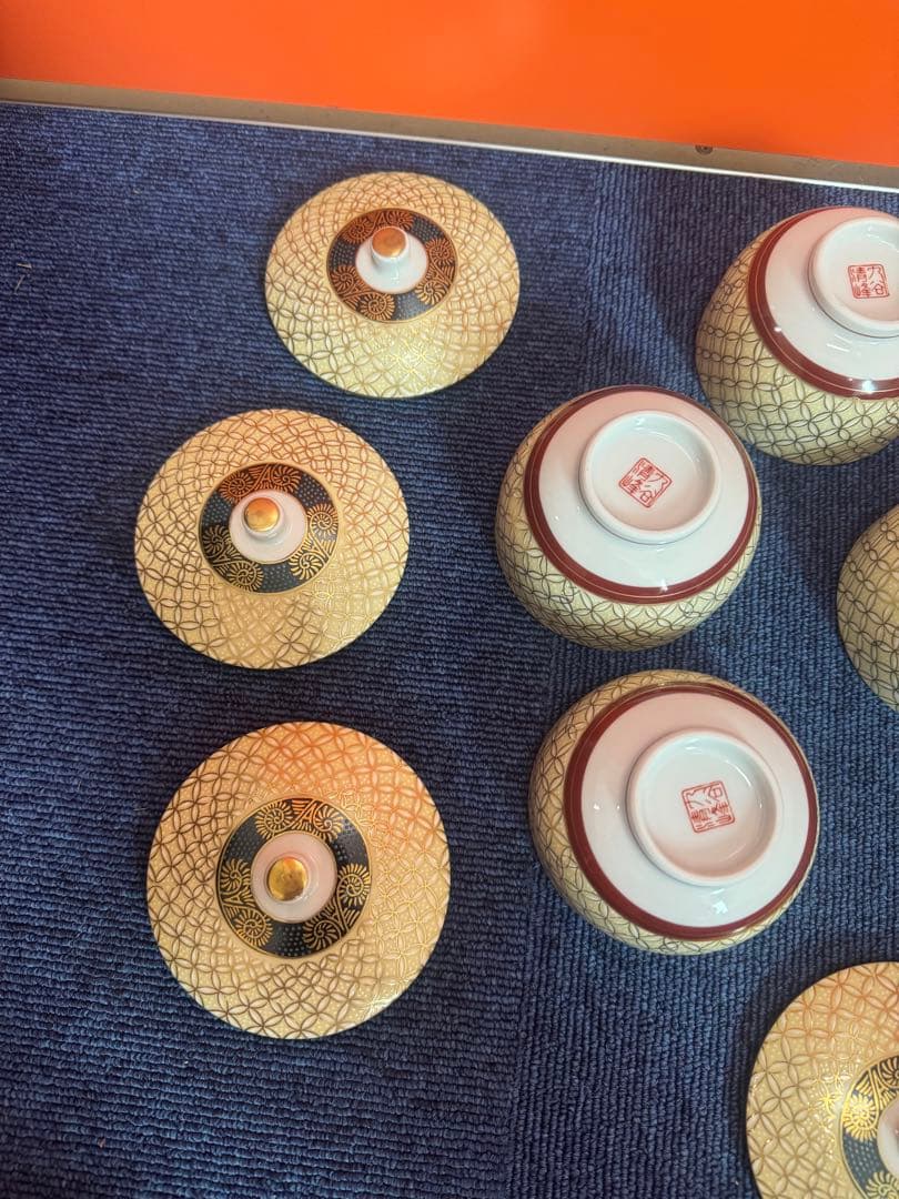 1747 九谷焼　金七宝　湯呑蓋付　5客　金彩　未使用