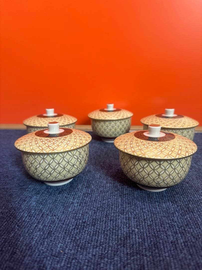 1747 九谷焼　金七宝　湯呑蓋付　5客　金彩　未使用