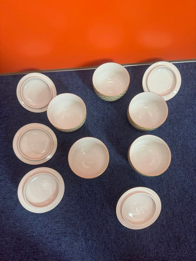 1747 九谷焼　金七宝　湯呑蓋付　5客　金彩　未使用