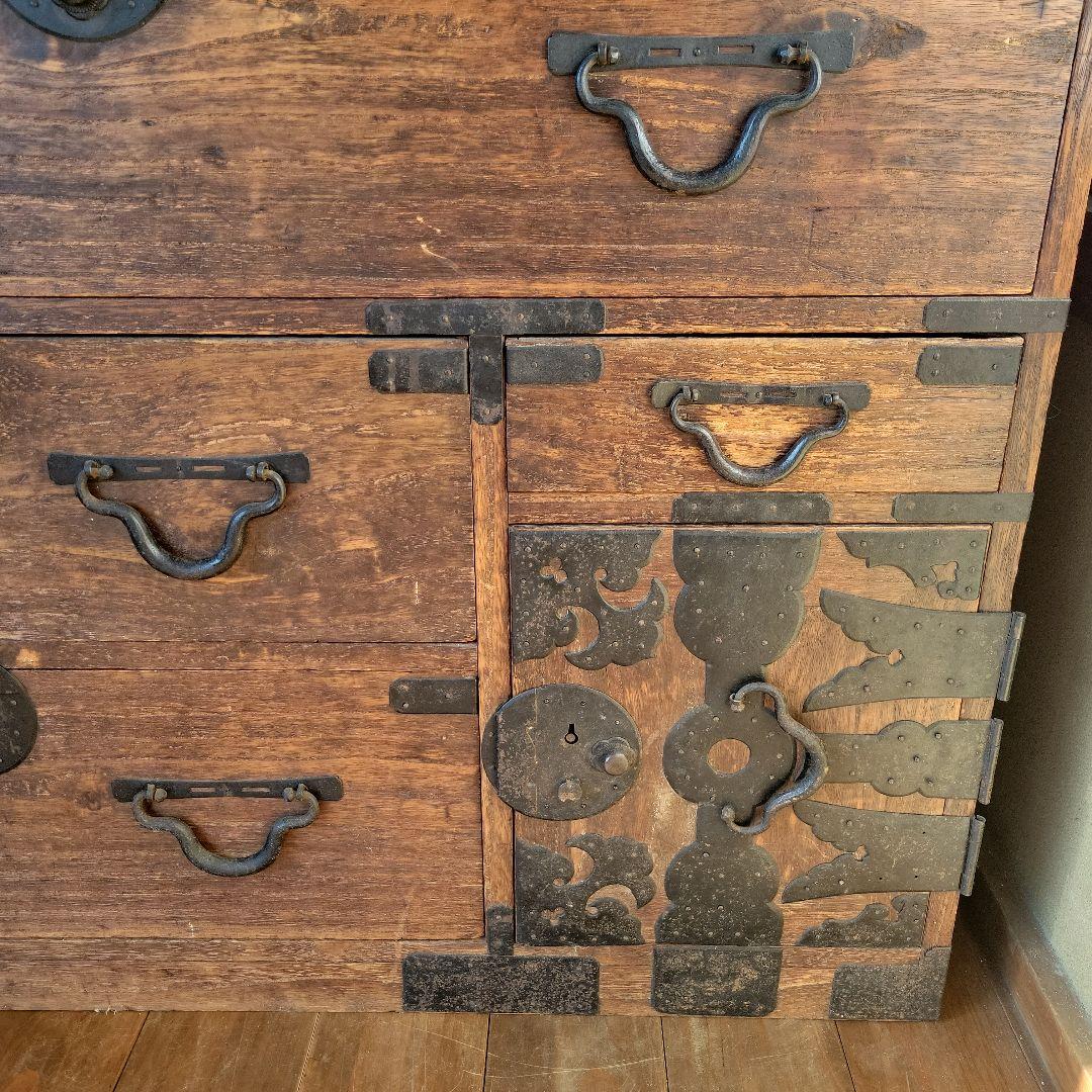 【大正レトロ】三尺和箪笥 アンティーク 古民家 古家具 装飾金具 専用鍵付き