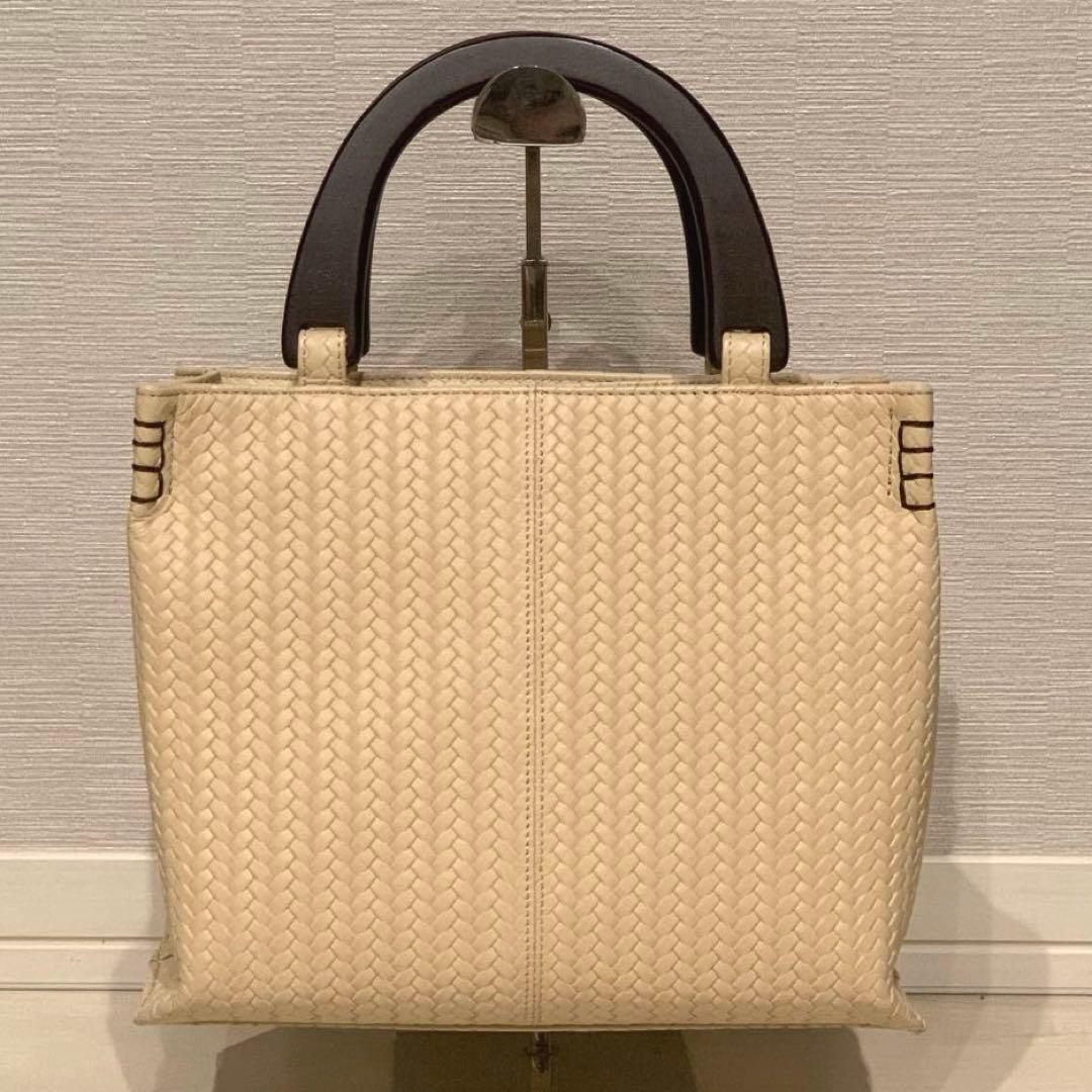 極美品✨傳濱野 プレッソトート ウッドハンドル ハンドバッグ レザー ベージュ