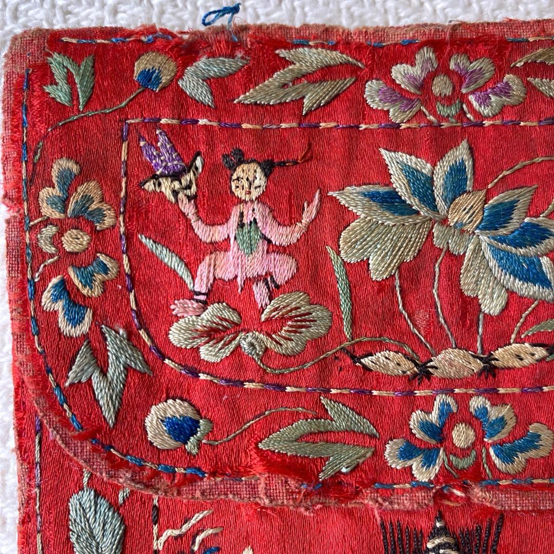 アンティーク シルクロード チャイナ チベット 赤シルク古刺繍 3口袋 時代物