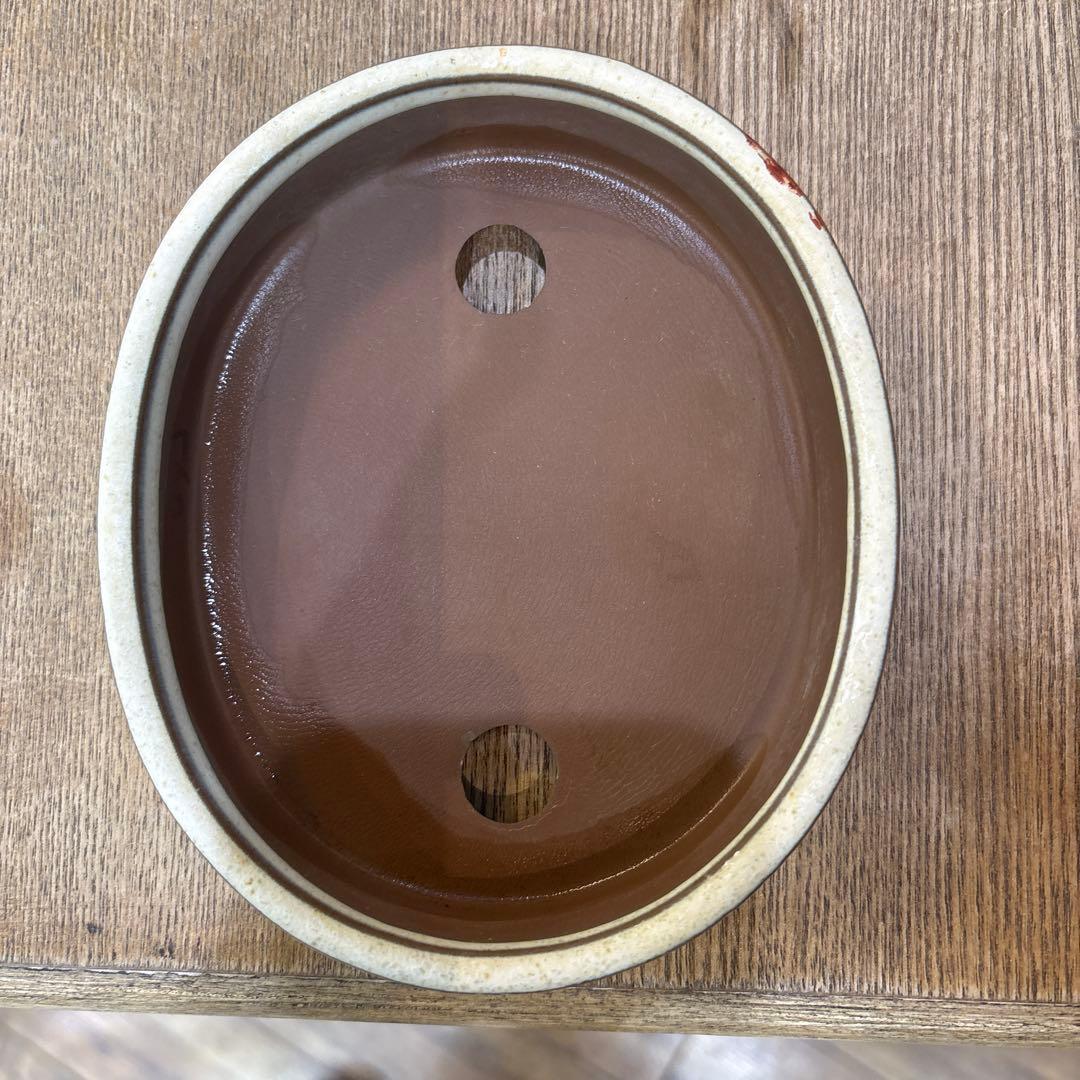 盆栽鉢／赤絵山水 楕円形 約10cm x 15cm