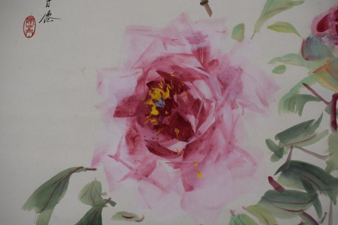 【真作】東原方僊/牡丹図/横物/掛軸☆宝船☆Z-573