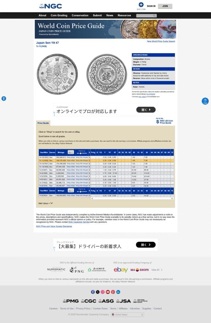 世界第一位　極美品　NGC-MS66RD　桐一銭青銅貨 昭和11年（1936）