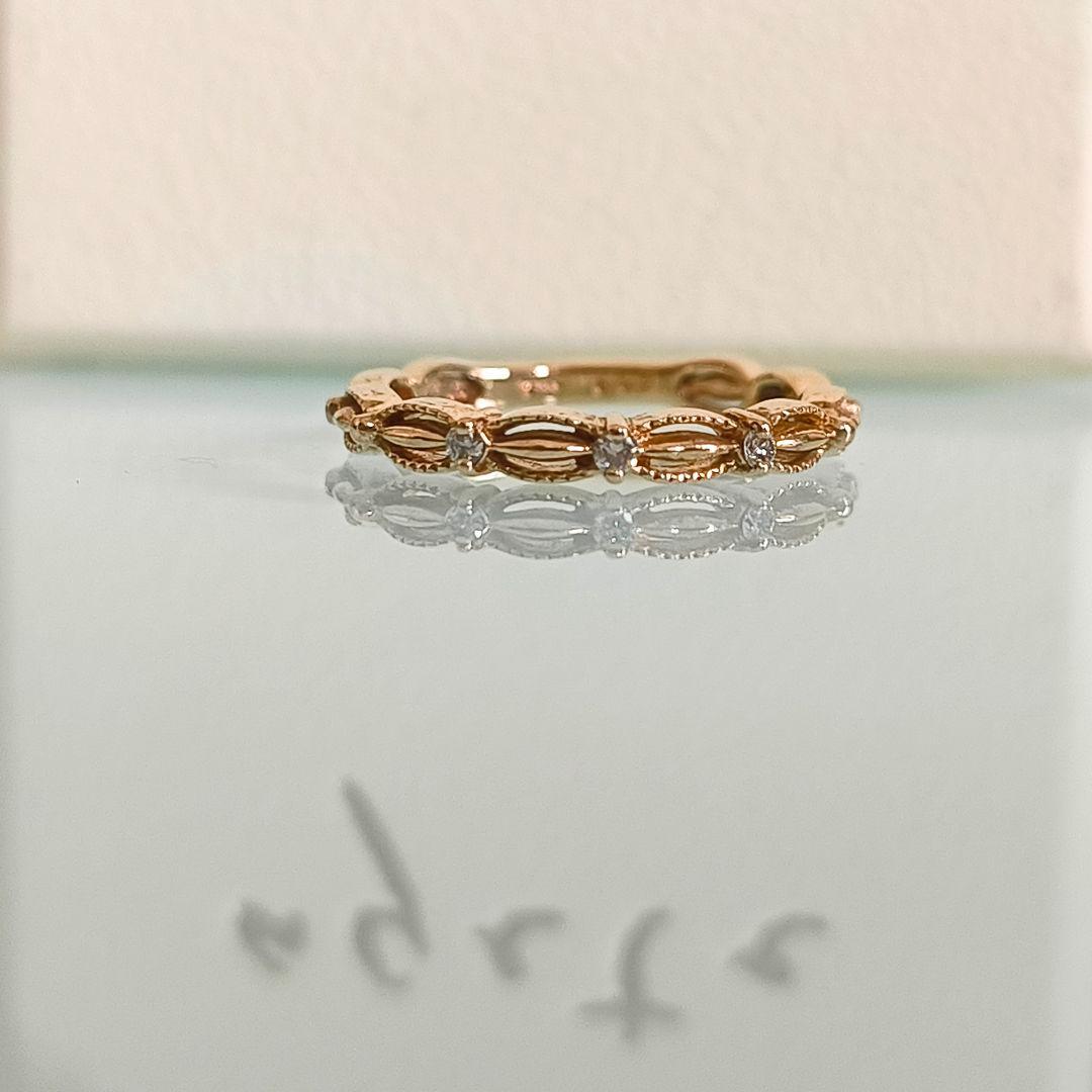 agete　K10 YG　透かし　ミルグレイン　ダイヤモンド　リング　1号