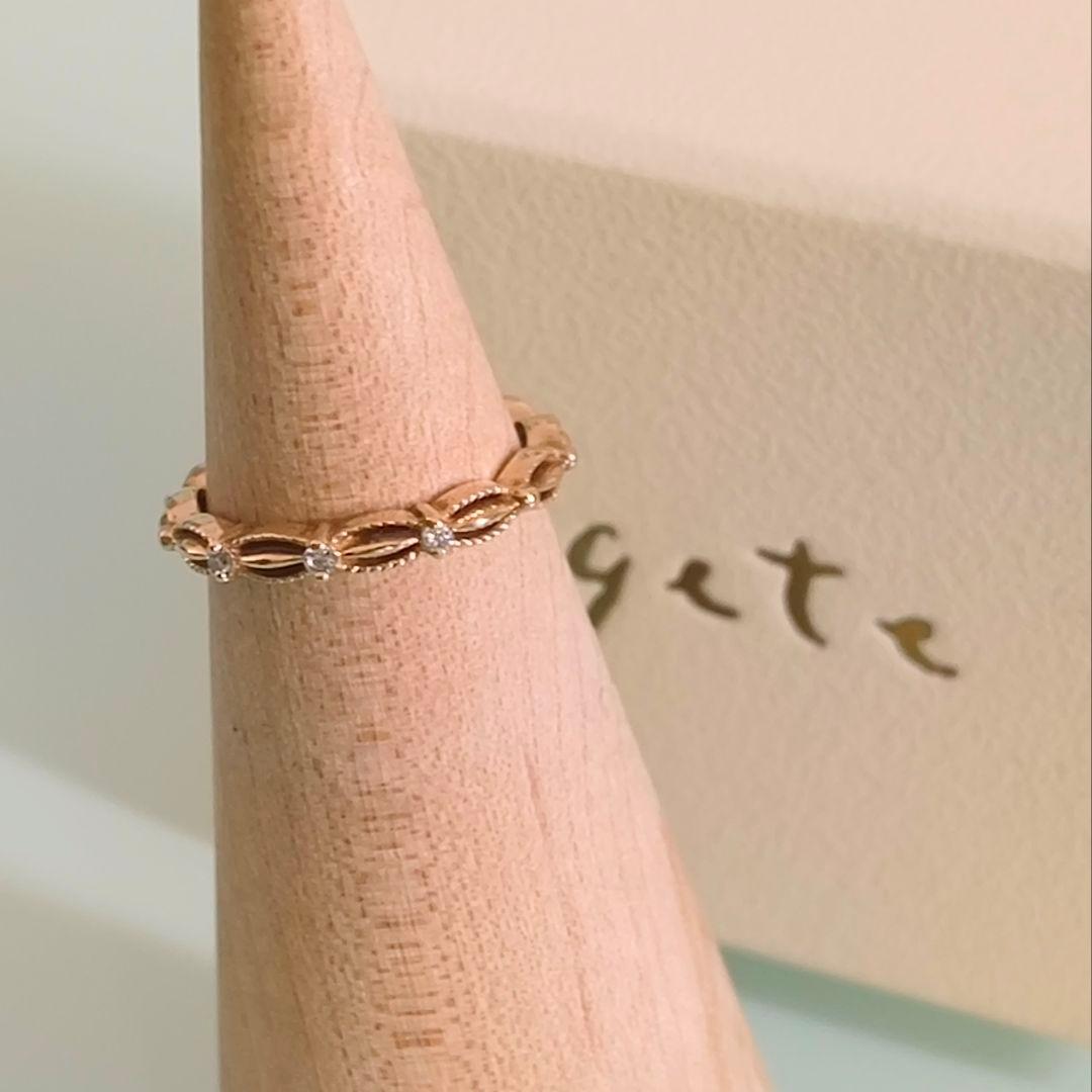 agete　K10 YG　透かし　ミルグレイン　ダイヤモンド　リング　1号