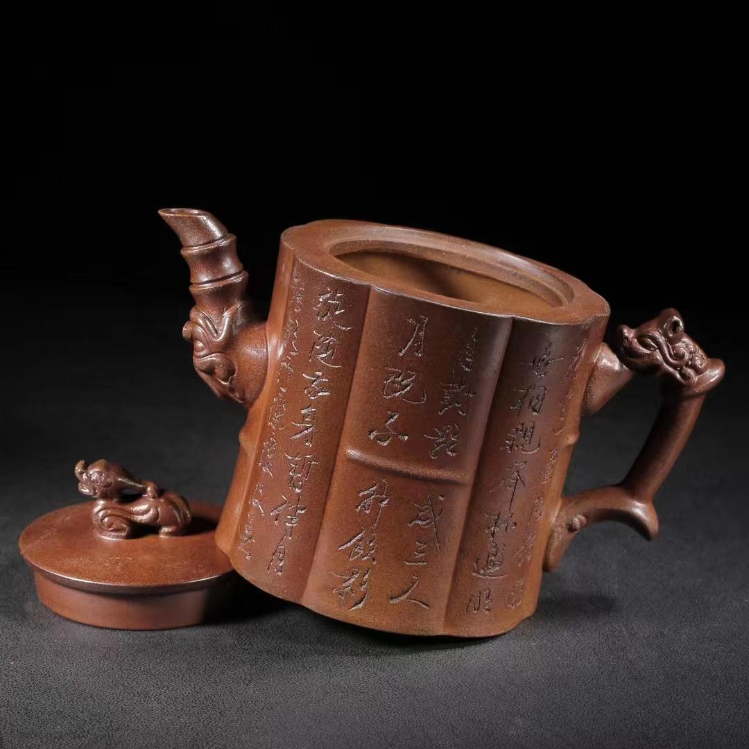 中国古美術・原鉱底槽清泥龍騰盛世紋急須・紫砂壺・底款:朱可心紋・朱泥・急須・茶壺