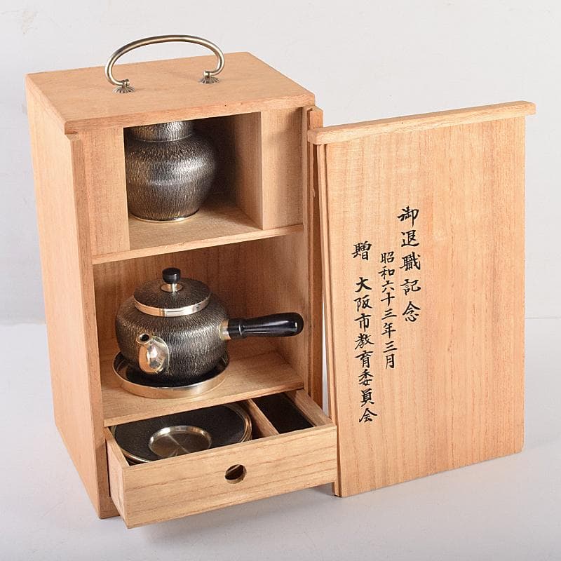 浪華　錫半造　本錫手造り　急須　茶壷　茶托五客など　五点一式　共箱　UR7848