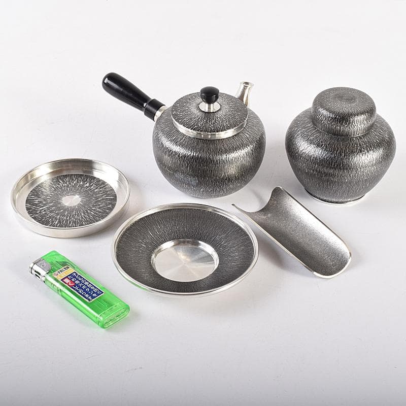 浪華　錫半造　本錫手造り　急須　茶壷　茶托五客など　五点一式　共箱　UR7848