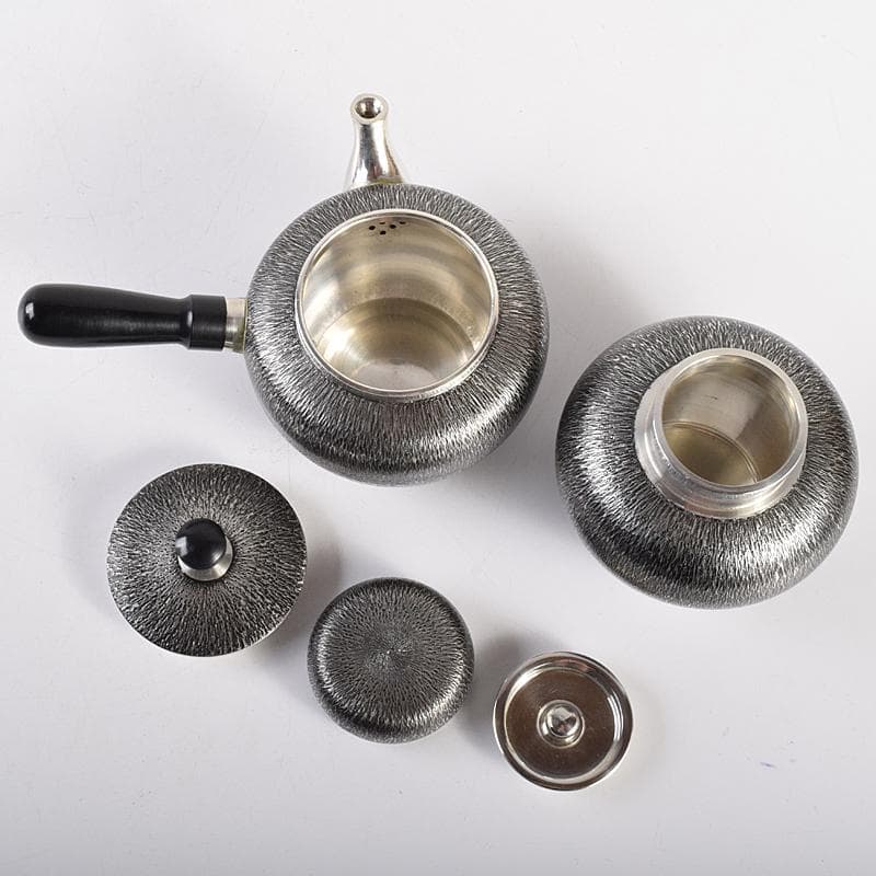 浪華　錫半造　本錫手造り　急須　茶壷　茶托五客など　五点一式　共箱　UR7848