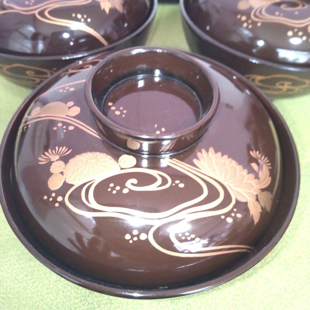 輪島塗 骨董 明治 漆器 椀 6客 金彩 花 牡丹 菊 沈金 木製 蓋付 天然木