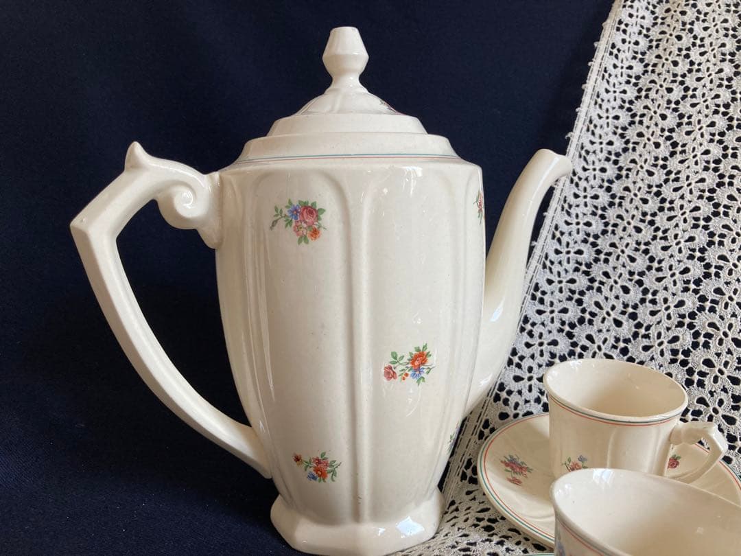 フランスアンティーク 花リム エクリュ ムーランデルー窯 ティーセット