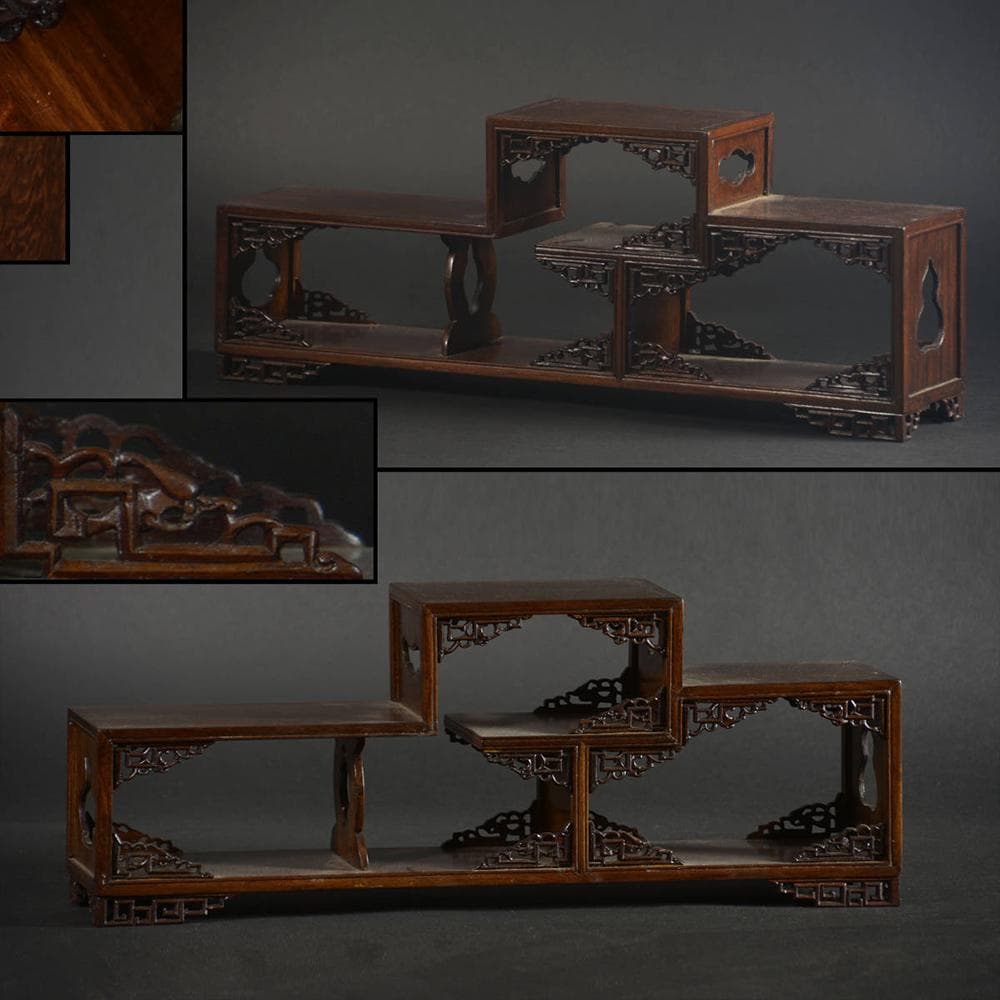 【木】　★ 文房 紅木透彫草龍紋小博古架 ★　清朝期　如意 彫刻文様　蘇工木作